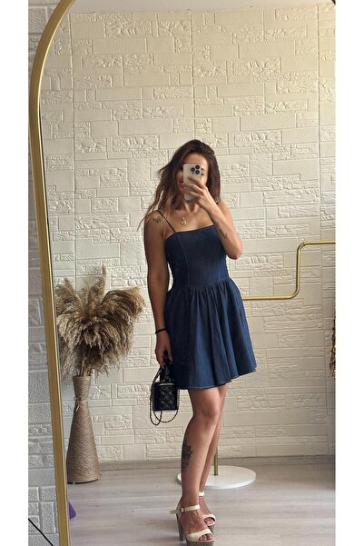 Derya Akyol İnce ip Askılı Pileli Kloş Mini Kot Elbise