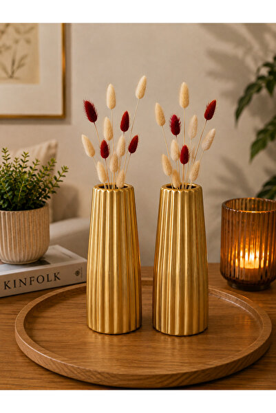 Morfi Dekoratif Gold Vazo 2'li Set – Kuru Çiçek ve Pampas Çiçek Vazosu – Mode...