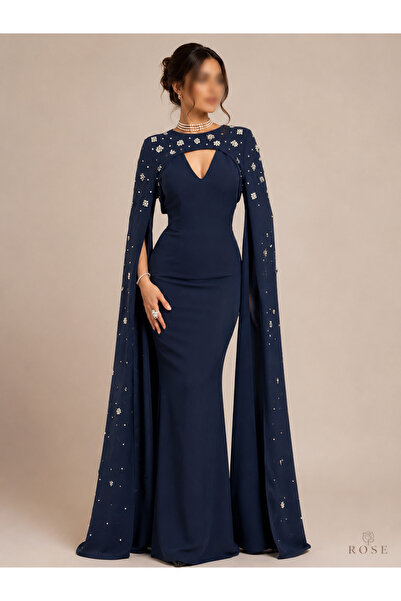 Generic Navy Blue Straight Cut Evening Dress with Long Cape and Crystal Detai...