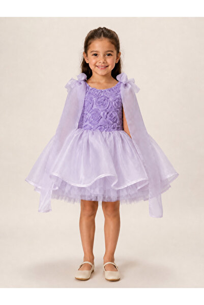 PRİNCESS Girl's Lilac Floral Detailed Tutu Dress, Princess Costume with Shoul...