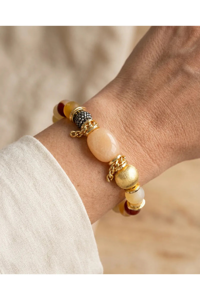 Dorvina Agate Stones and Chalcedony Natural Stone Combination 316L Steel Gold...
