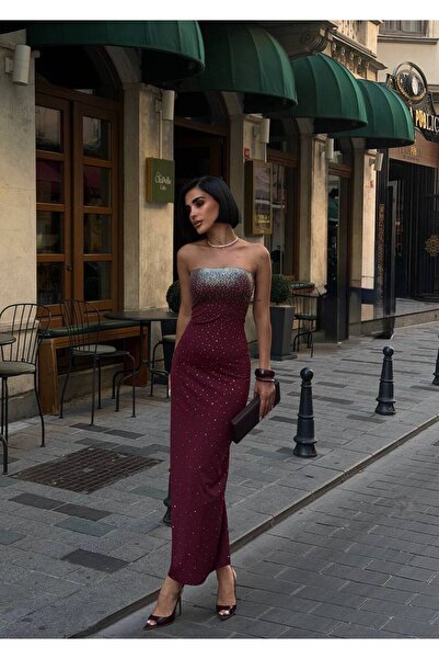 LOKADI Women's Stone Embellished Strapless Maxi Evening Gown - Sparkling Styl...