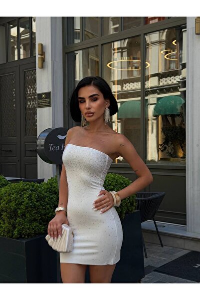 LOKADI Women's Stone Embellished Strapless Mini Evening Dress - Body-Hugging ...