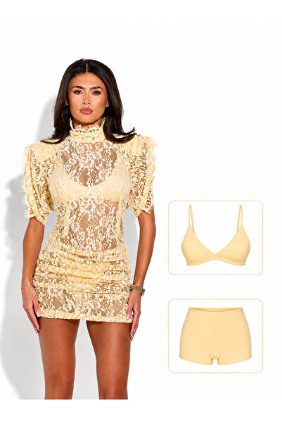 LOKADI Rochie mini transparentă din dantelă guipură cu guler înalt pentru fem...
