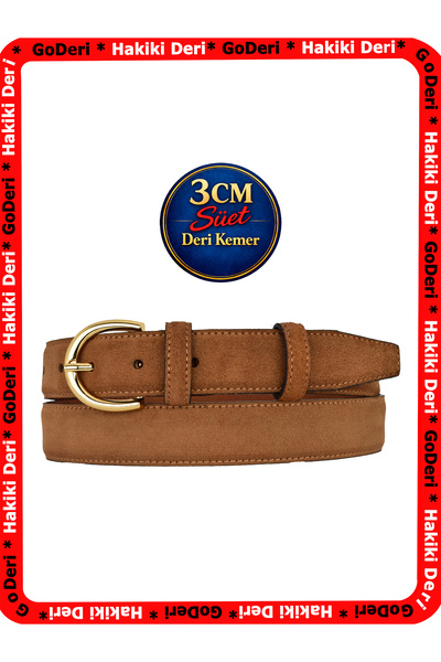 GoDeri Genuine Leather, 3 cm Gold Color Buckle, Dark Cinnamon Suede, Stitched...