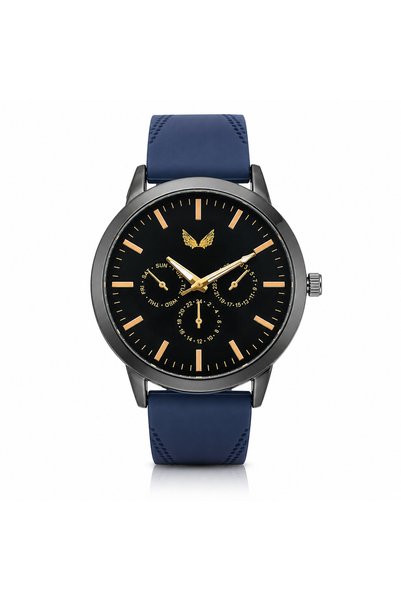Generic Brand Ceas Bărbătesc Analog Multifuncțional, Curea Silicon Albastră, Cadran Negru cu Detalii Aurii, Stil Elegant Casual