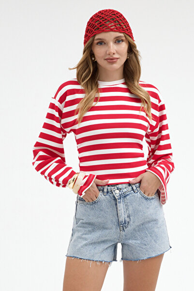 Rabi Shine Women's Wide Sleeves Circular Neck Striped Blouse