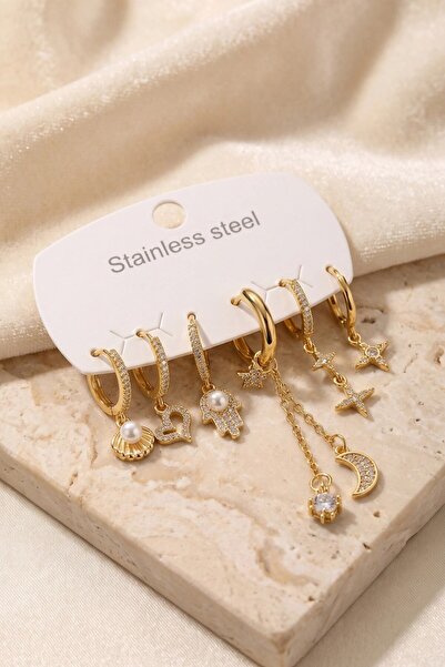 TakÇalıştır 316L Steel Gold Color Chain Detailed Zircon Stone Women's Earring...