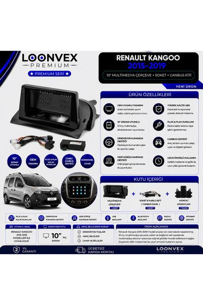 LOONVEX Premium Renault Kangoo 2015-2019 10 İnç Multimedya Çerçeve + Soket + ...
