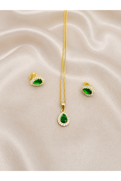 925 Ayar Gümüş Yeşil Taşlı Damla Set