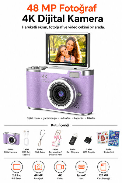 Ayers Premium 48 MP 4K Dijital Fotoğraf Makinesi, 2.4 İnç Döndürülebilir IPS ...