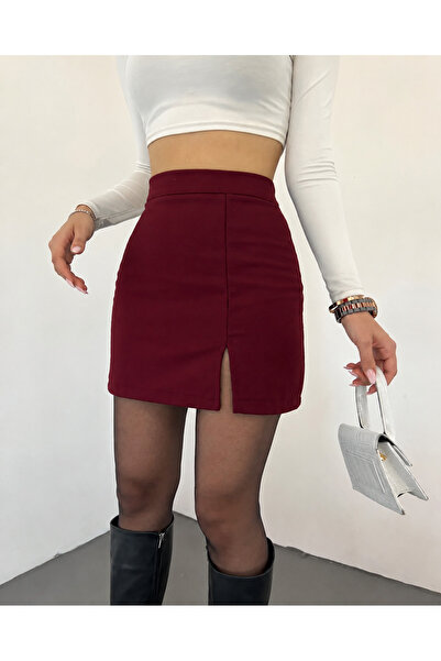 GRİLAND Kadın Bordo Şık Trend Günlük ve özel Gün Kurtarıcı Parça Siyah Esnek Kumaş Yırtmaçlı Mini Etek