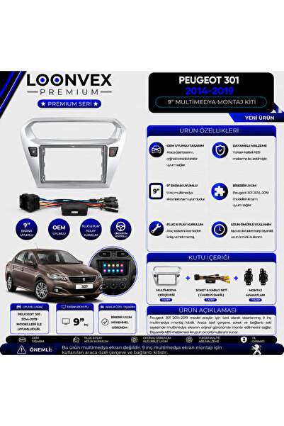 LOONVEX Premium Peugeot 301 2014-2019 9 İnç Gri Multimedya Çerçeve + Soket + ...