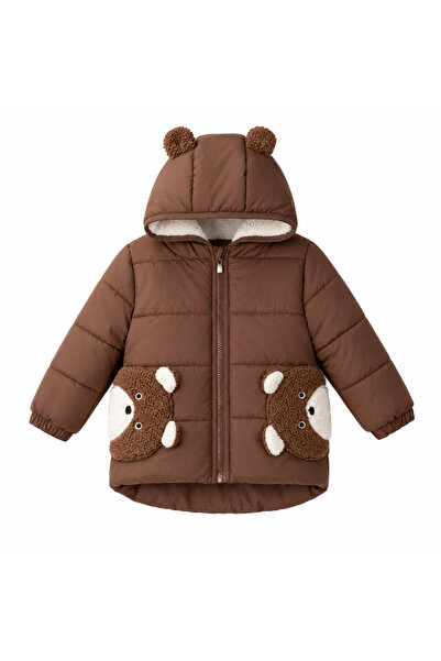 Mono Kids Unisex Kahverengi Ayıcık Cepli Kapüşonlu Peluş Astarlı Çocuk Mont