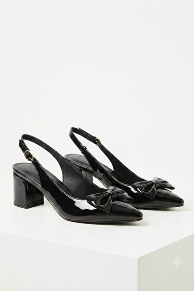 Nubbock Beren Women's Black Patent Leather Bow Tie Open Back 5 cm Heeled Shoes