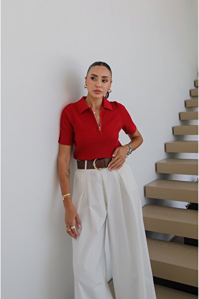 Havoş Red Zippered Polo Neck Knitwear Blouse