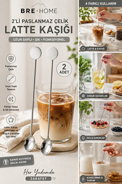 BRE HOME 2'li Latte Kaşığı 22 cm Uzun Saplı Kahve Karıştırma Kaşığı Paslanmaz...