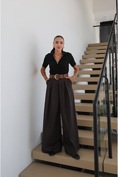 Havoş Brown Pilikaşe Detailed Belted Trousers