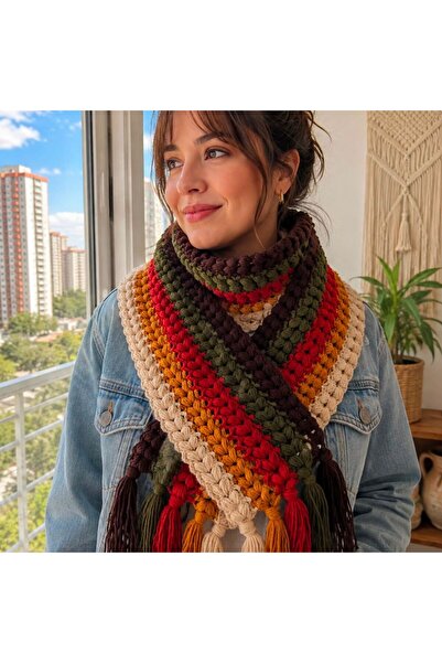 B BUL AKSESUAR Men's & Women's Color Blocked Hand Knitted Long Scarf with Tas...