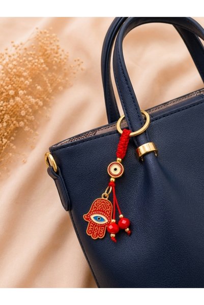 Azrua Red Fatima's Hand Metal Keychain, Luck Keychain, Metal Evil Eye Macrame Keychain Bag Accessory