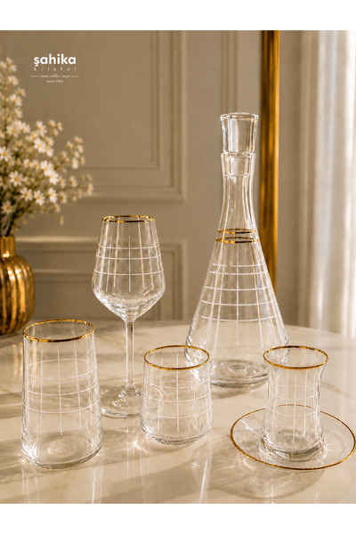 Şahika kristal 61 Piece Hanedan Gold 12-Person Handcrafted Cut Crystal Glass ...