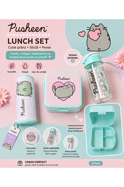Pusheen 3-piece Set – Lunch Box + Reusable Bottle + Pencil Case, Pink/Mint, f...