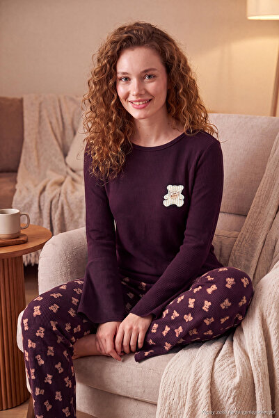 Lela Soft Textured Patterned Long Sleeve Pajama Set Women's Pajama Set 6575018