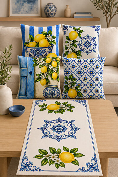 stellahomes Blue Yellow Lemon Patterned 5-Piece Decorative Set – 4 Throw Pill...