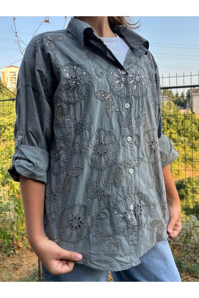 TUGBA COLLECTION İTHAL PAYET NAKIŞ DANTEL İŞLEMELİ %100 PAMUK ŞIK & ZARİF GÖMLEK