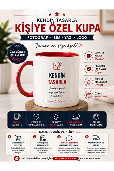 cekud tasarım baskı Kişiye Özel Kırmızı Kulplu Kupa Bardak 330 ml Fotoğraf İs...