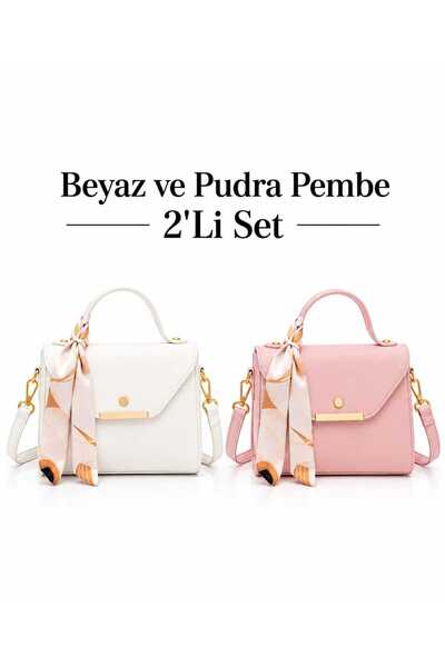 METEBAGS Beyaz ve Pudra Pembe Suni Deri Fular Detaylı Omuz& El Çantası