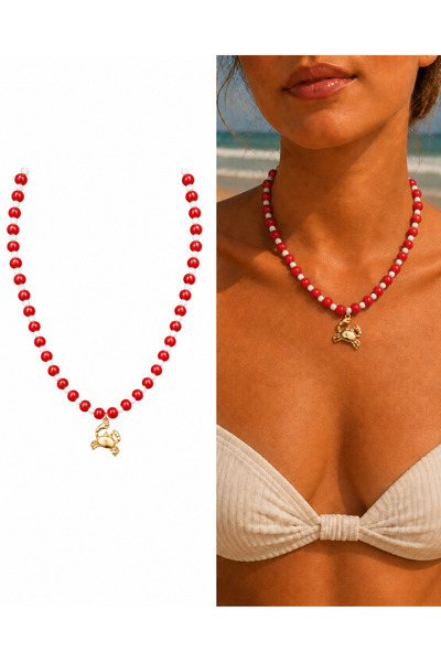 Arsaley Collection Yengeç Charm Kırmızı-Mavi Yazlık Boncuk Kadın Kolye