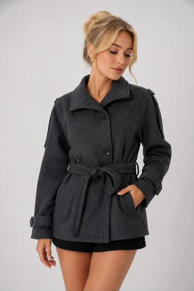 MetuCA Women's Anthracite Belted Double-Breasted Double-Button Lined Cashmere...