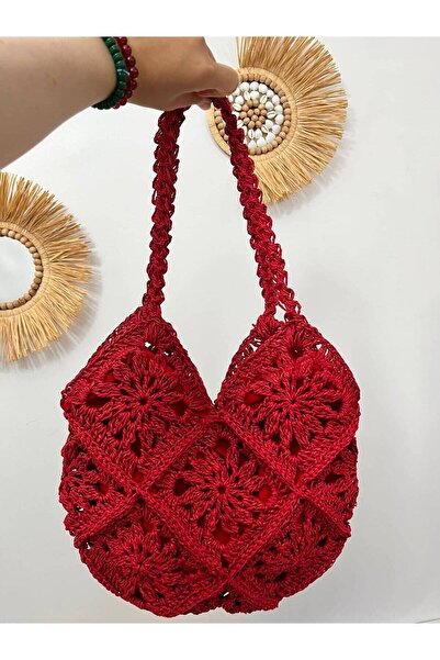 Verda Desing Design Hand-Knitted Motif Red Color Bag - Natural Paper Rope Design Women's Daily Shoulder Bag