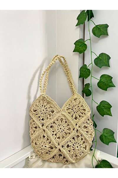 Verda Desing Design Hand-Knitted Motif Light Straw Color Bag - Natural Paper ...
