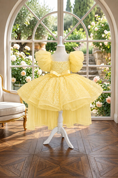 PRİNCESS Girl's Yellow Beaded Dress, Girl's Graduation Dress, Evening Dress
