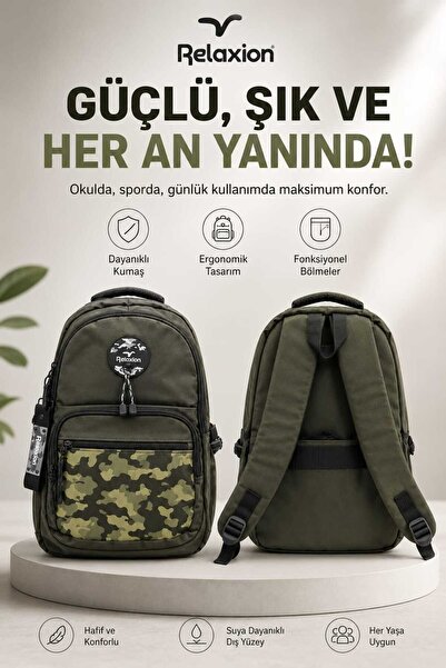 Relaxion 2140 Kamuflaj Detaylı Çok Bölmeli Sırt Çantası Astarlı, Dökülme Yapm...