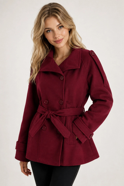 MetuCA Women's Burgundy Belted Double-Breasted Double-Button Lined Cashmere S...