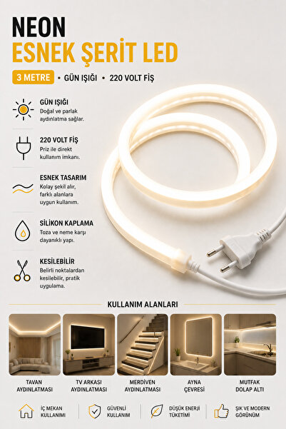 Yenilig 3 μέτρα Neon Flexible Strip LED Λευκό 220 Volt Διακοσμητικός Φωτισμός...