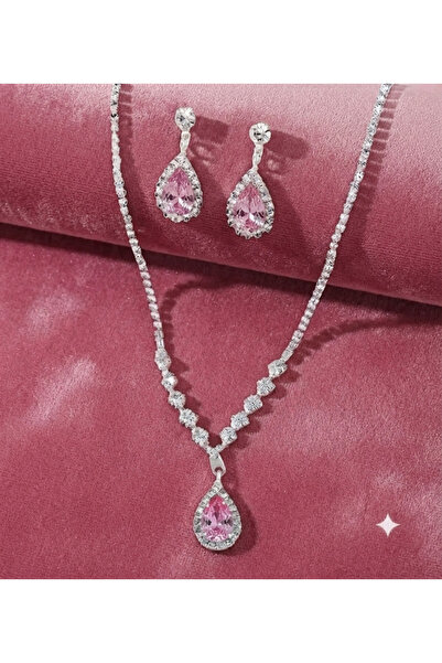 ROSALINDA Baklava desen pembe taşlı kolye küpe seti