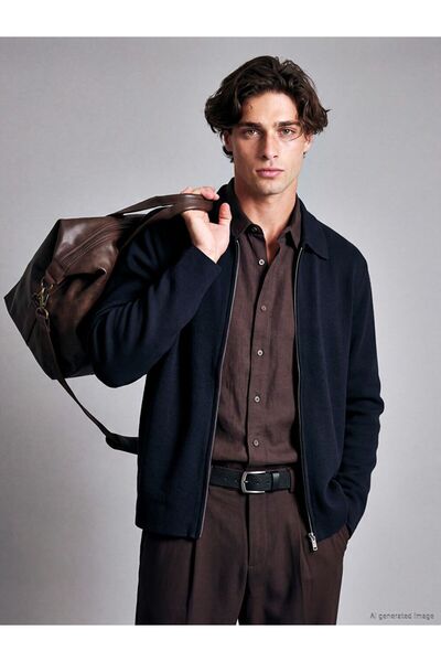 LC Waikiki Lcw Vision Navy Blue Polo Collar Men's Knitwear Cardigan