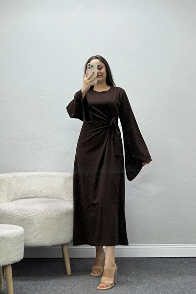 BELENDİR Women's Modal Fabric Side Tie Detailed Spanish Sleeve Dress Light Brown