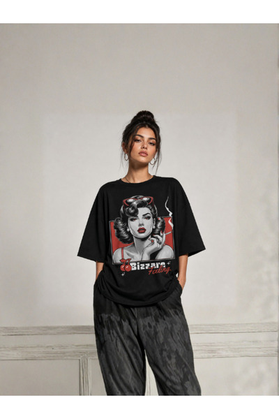 Genel Markalar Siyah Grafik Baskılı Oversize T-shirt