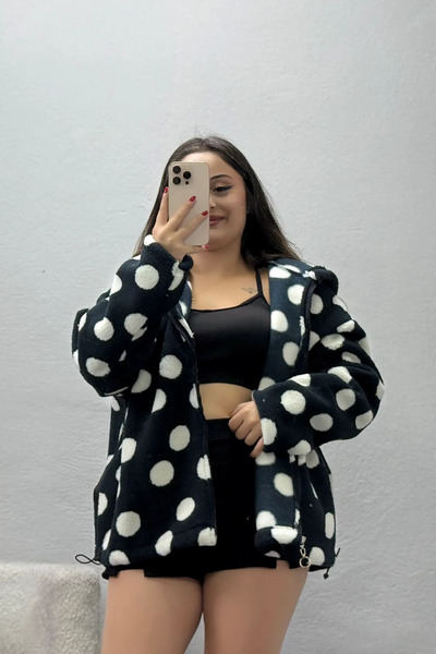 BELENDİR Women's Printed Hooded Fleece Jacket Black Polka Dot