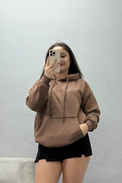 BELENDİR Women's 3 Thread Kangaroo Pocket Hooded Sweatshirt Coffee Model Tv-1...