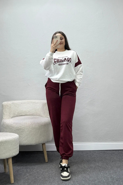 BELENDİR Women's Printed Garnished 2 Thread Tracksuit Set Burgundy White