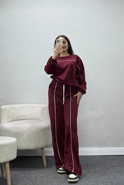 BELENDİR Women's Two-Thread Ribbed Tracksuit Set Burgundy