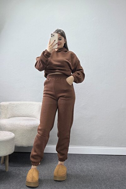 BELENDİR Women's 3 Threaded Threaded Sweatpants Set Brown