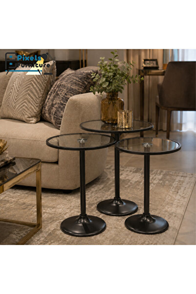 PixelsFurniture طقم طاولات تقديم من بكسل الأثاث، مكون من 3 قطع بسطح زجاجي مقا...