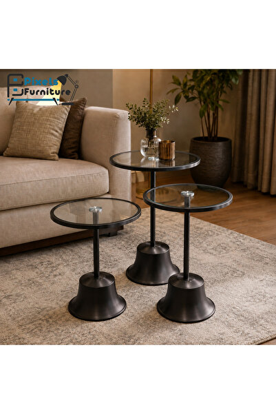 PixelsFurniture طقم طاولات تقديم من بكسل الأثاث، مكون من 3 قطع بسطح زجاجي مقا...